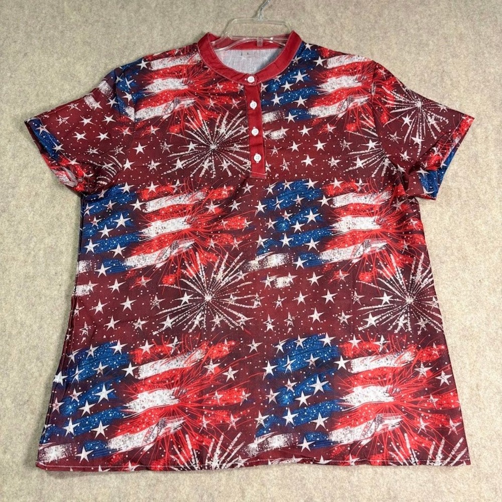 Fireworks Henley Shirt Mens L Red Patriotic American Flag Star Festival